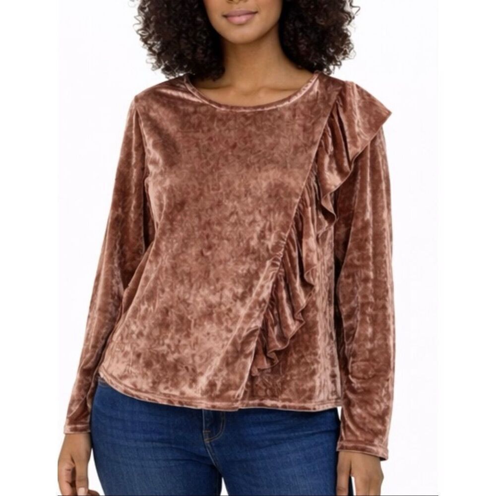 Kensie pink crushed velvet ruffle blouse m